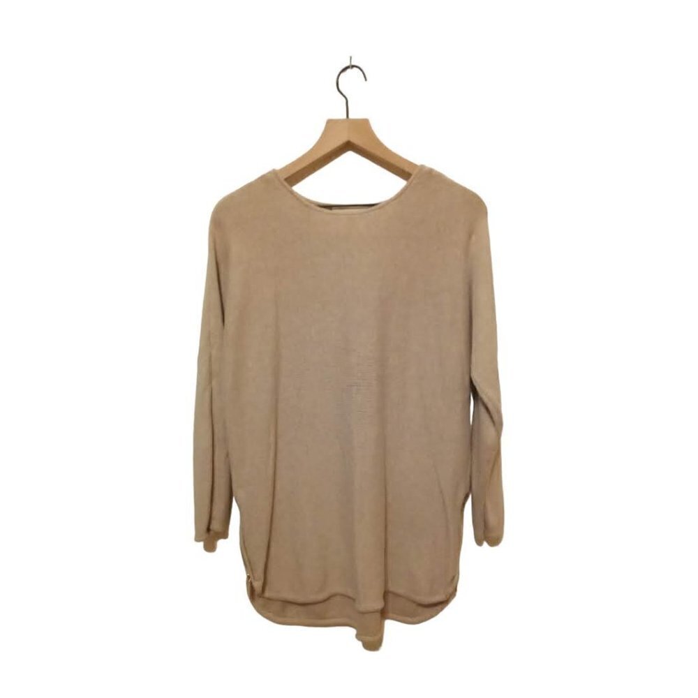 Michael Kors Tan Crew Neck Hi-Lo Double Side Zip Long Sleeve Sweater Sz L